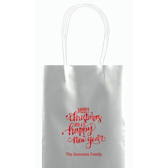 Hand Lettered Merry Christmas and Happy New Year Mini Twisted Handled Bags